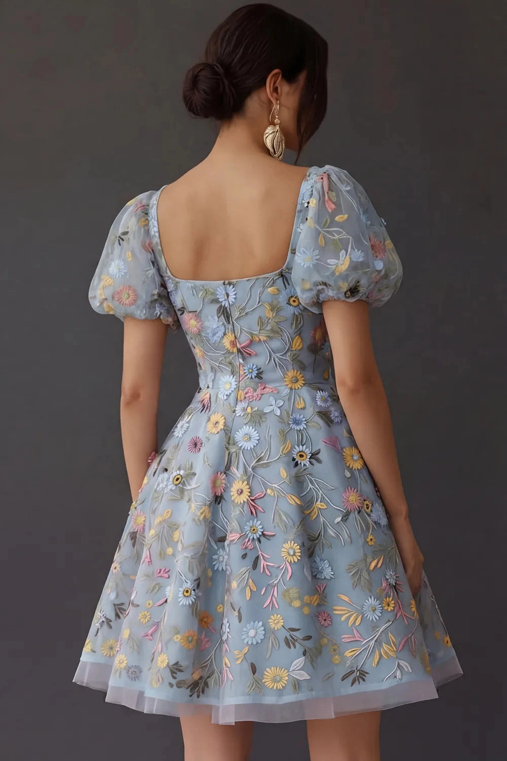 Sweet A‑Line Square‑Neck Puffed‑Sleeve Square‑Back Short Homecoming Dress