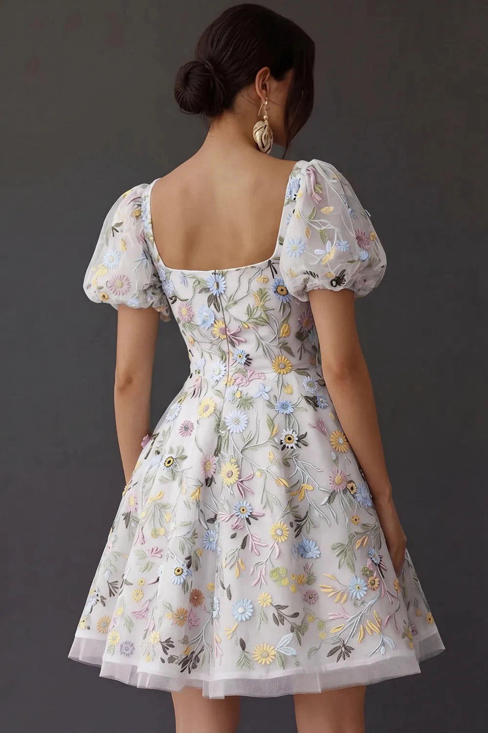 Sweet A‑Line Square‑Neck Puffed‑Sleeve Square‑Back Short Homecoming Dress