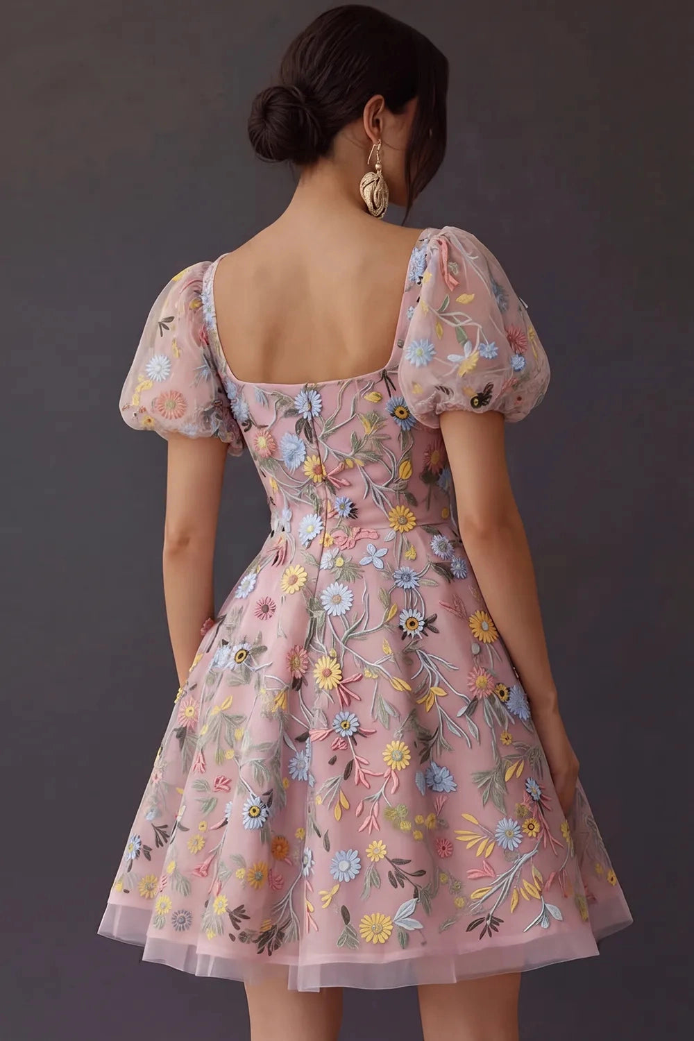 Sweet A‑Line Square‑Neck Puffed‑Sleeve Square‑Back Short Homecoming Dress