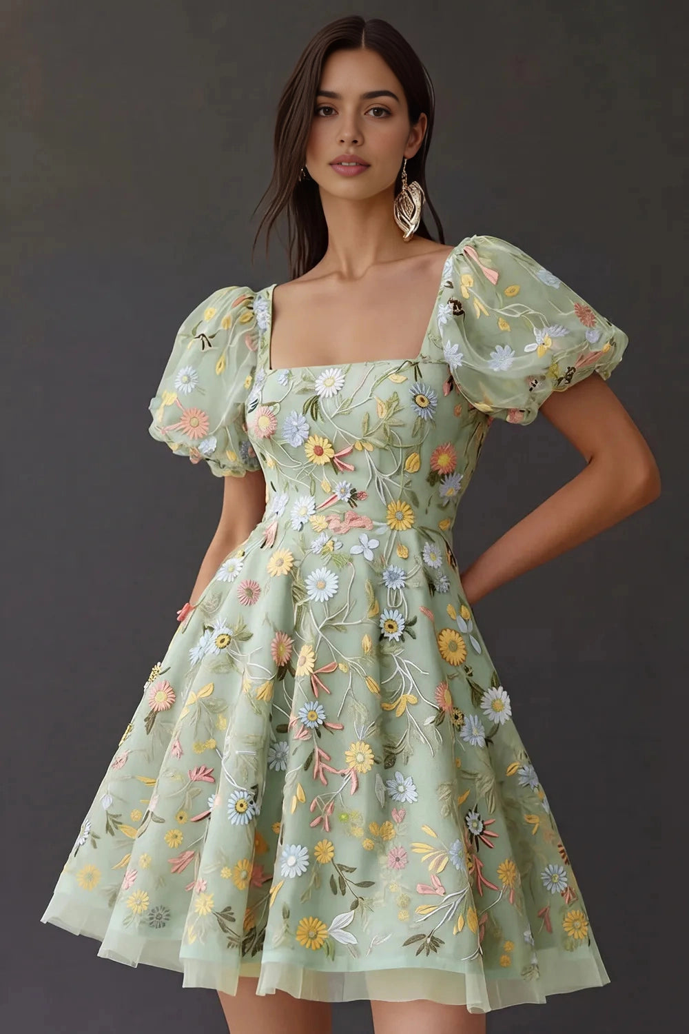 Sweet A‑Line Square‑Neck Puffed‑Sleeve Square‑Back Short Homecoming Dress
