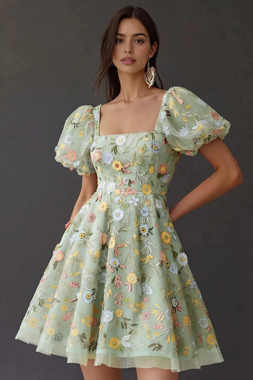 Sweet A‑Line Square‑Neck Puffed‑Sleeve Square‑Back Short Homecoming Dress