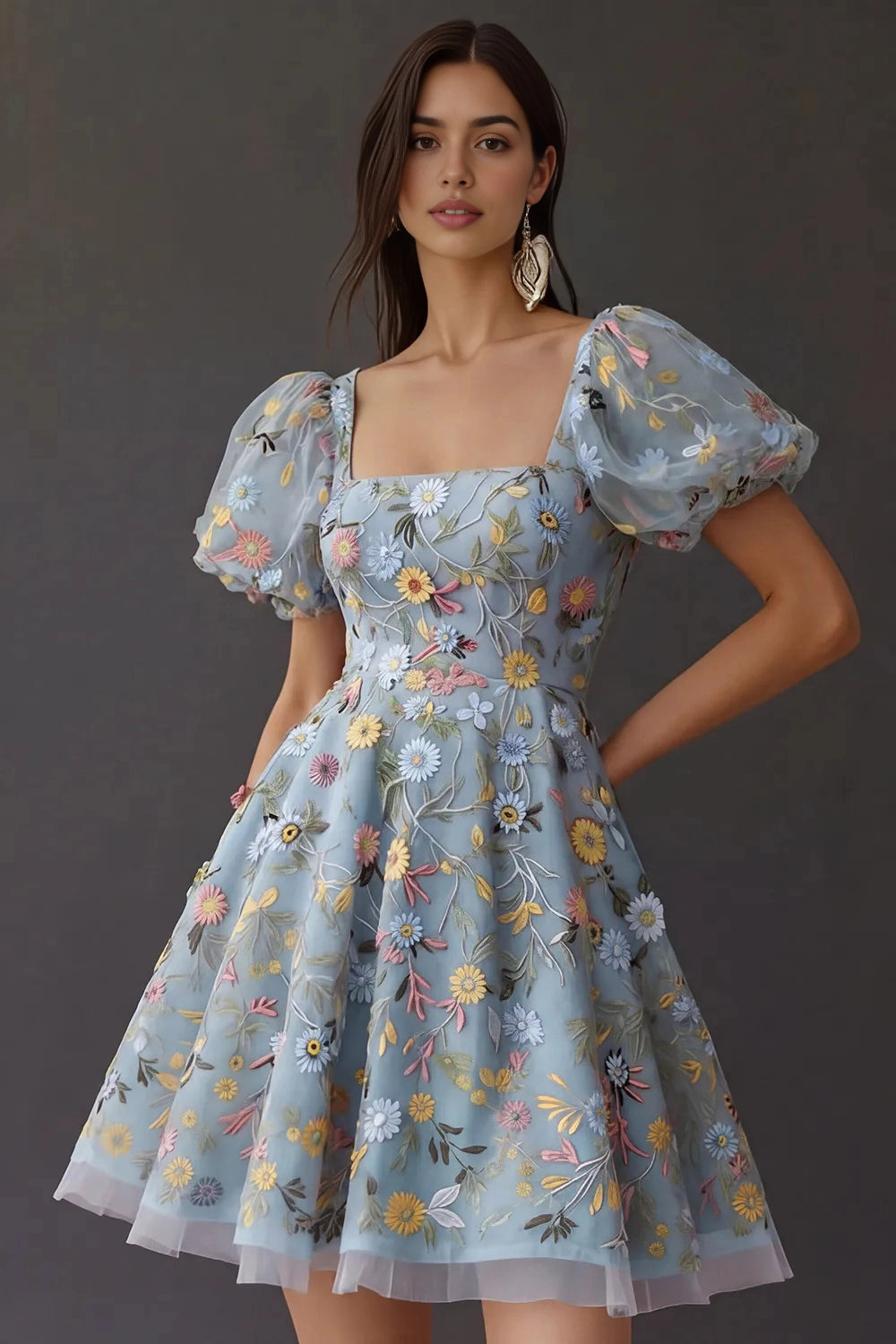 Sweet A‑Line Square‑Neck Puffed‑Sleeve Square‑Back Short Homecoming Dress