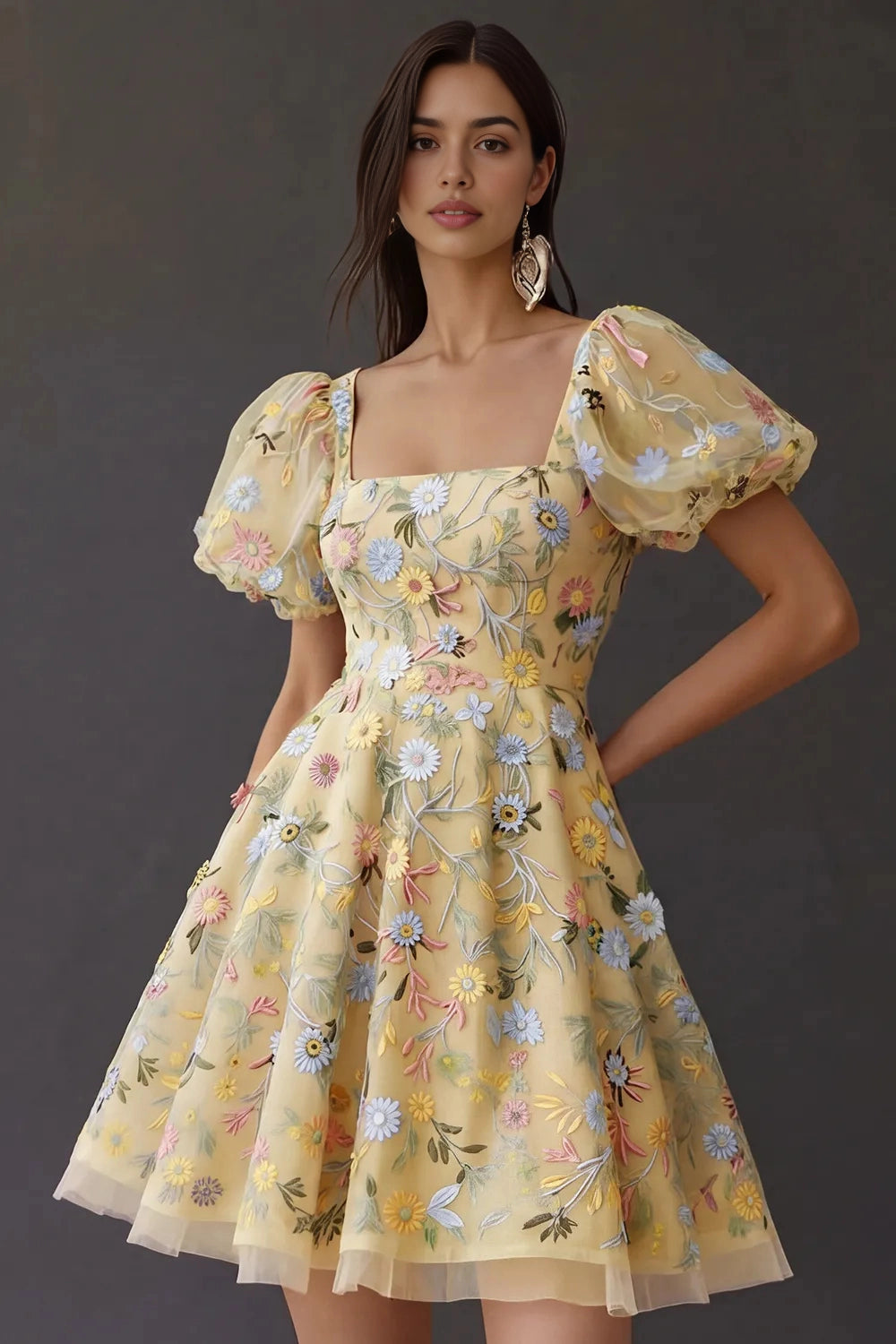 Sweet A‑Line Square‑Neck Puffed‑Sleeve Square‑Back Short Homecoming Dress