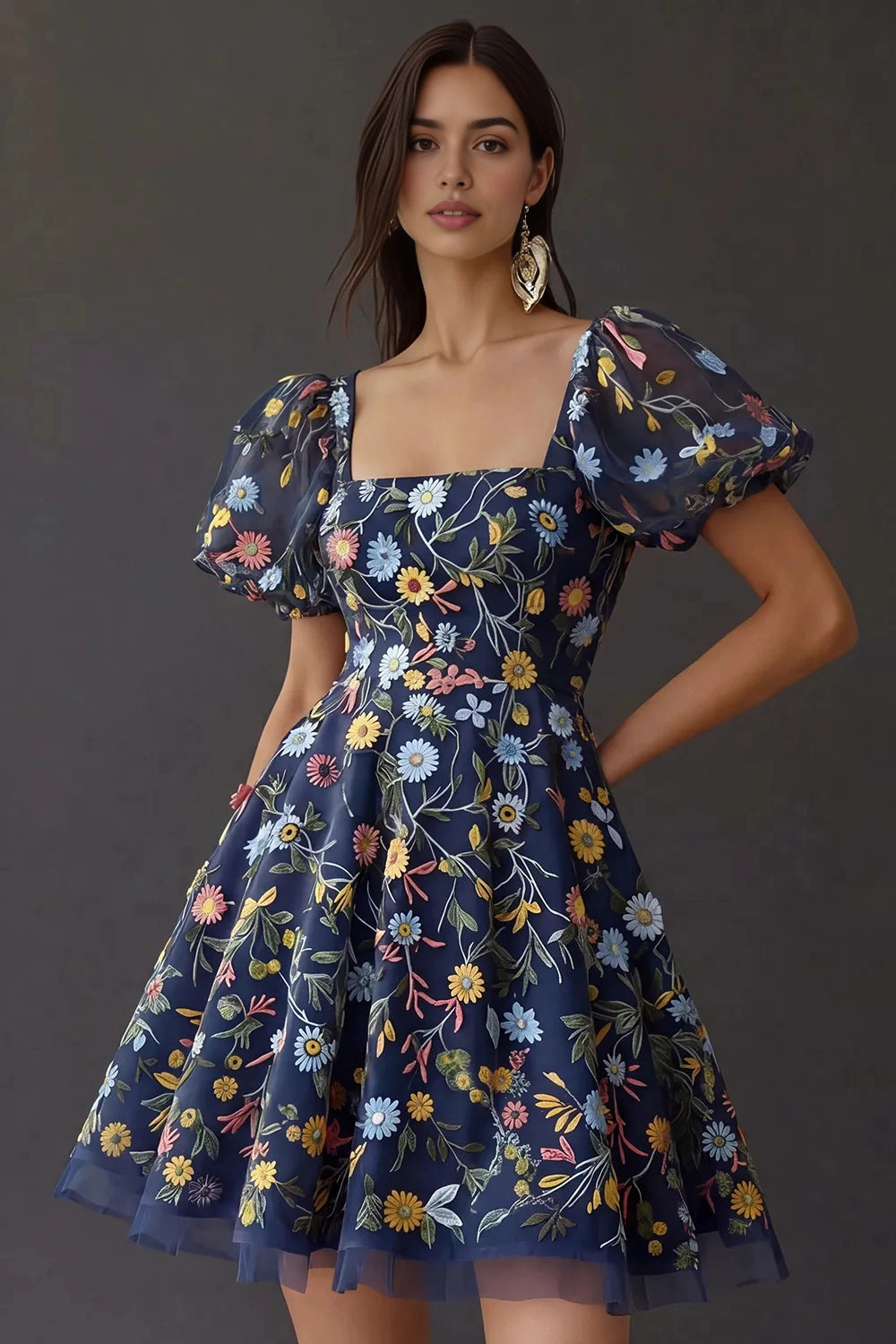 Sweet A‑Line Square‑Neck Puffed‑Sleeve Square‑Back Short Homecoming Dress