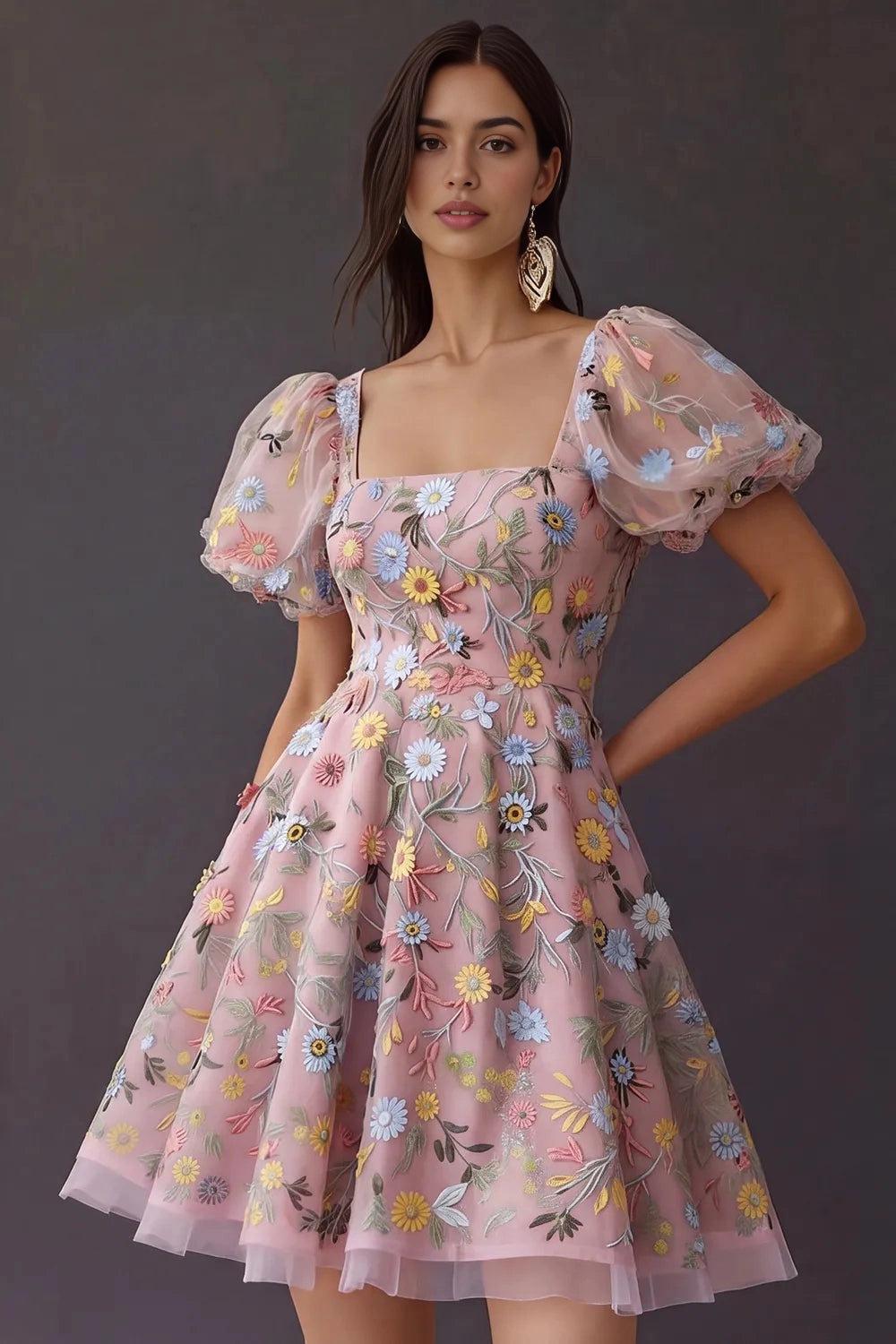 Sweet A‑Line Square‑Neck Puffed‑Sleeve Square‑Back Short Homecoming Dress