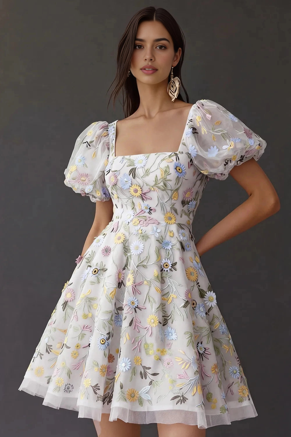 Sweet A‑Line Square‑Neck Puffed‑Sleeve Square‑Back Short Homecoming Dress