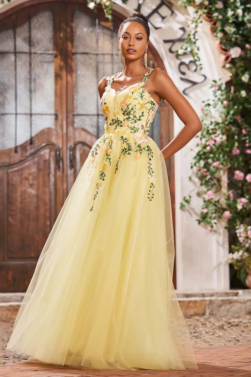 Vestido de fiesta de tul bordado con corte de corazón y silueta A hasta el suelo