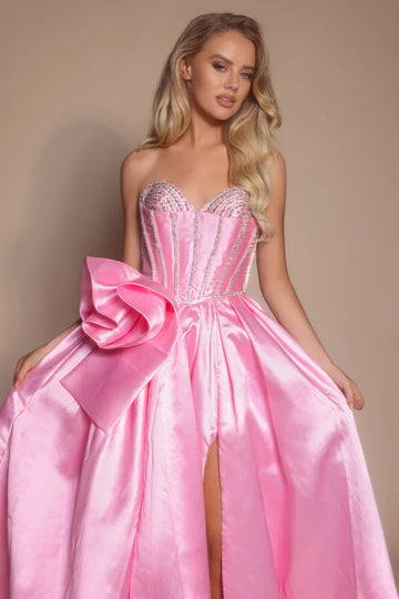 Sweetheart Satin Floor-Length Bow A-Line Ball Gown Prom Dress With Hight Slit