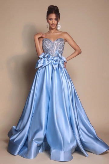 Glamorous Sweetheart Satin Beaded Floor-Length Bow A-Line Ball Gown Prom Dress