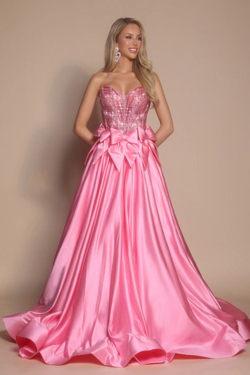 Glamorous Sweetheart Satin Beaded Floor-Length Bow A-Line Ball Gown Prom Dress