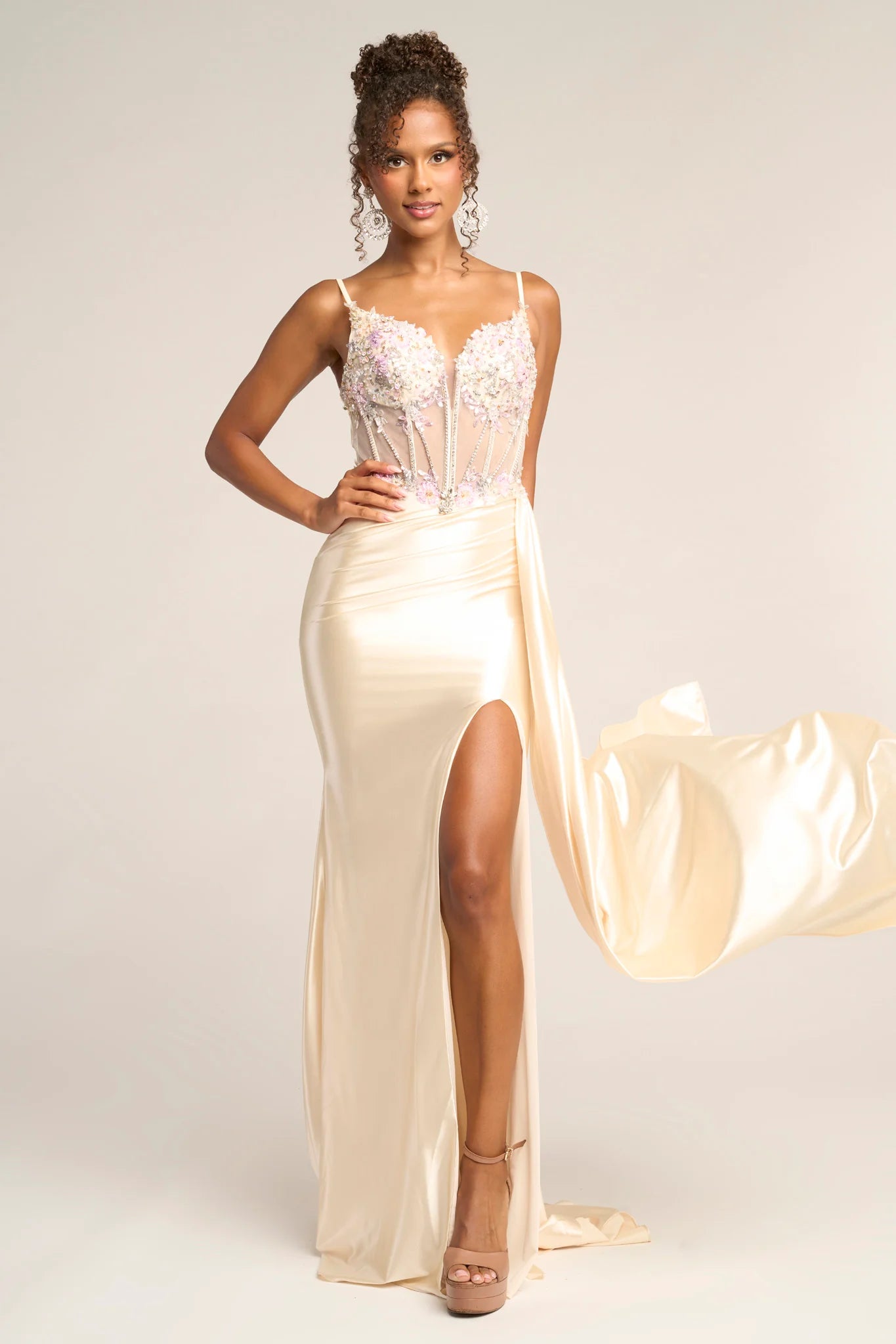 Glamorous Sweetheart Satin Floral Applique Overskirt Gown Formal Corset Prom Dress
