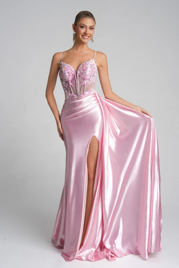 Glamorous Sweetheart Satin Floral Applique Overskirt Gown Formal Corset Prom Dress