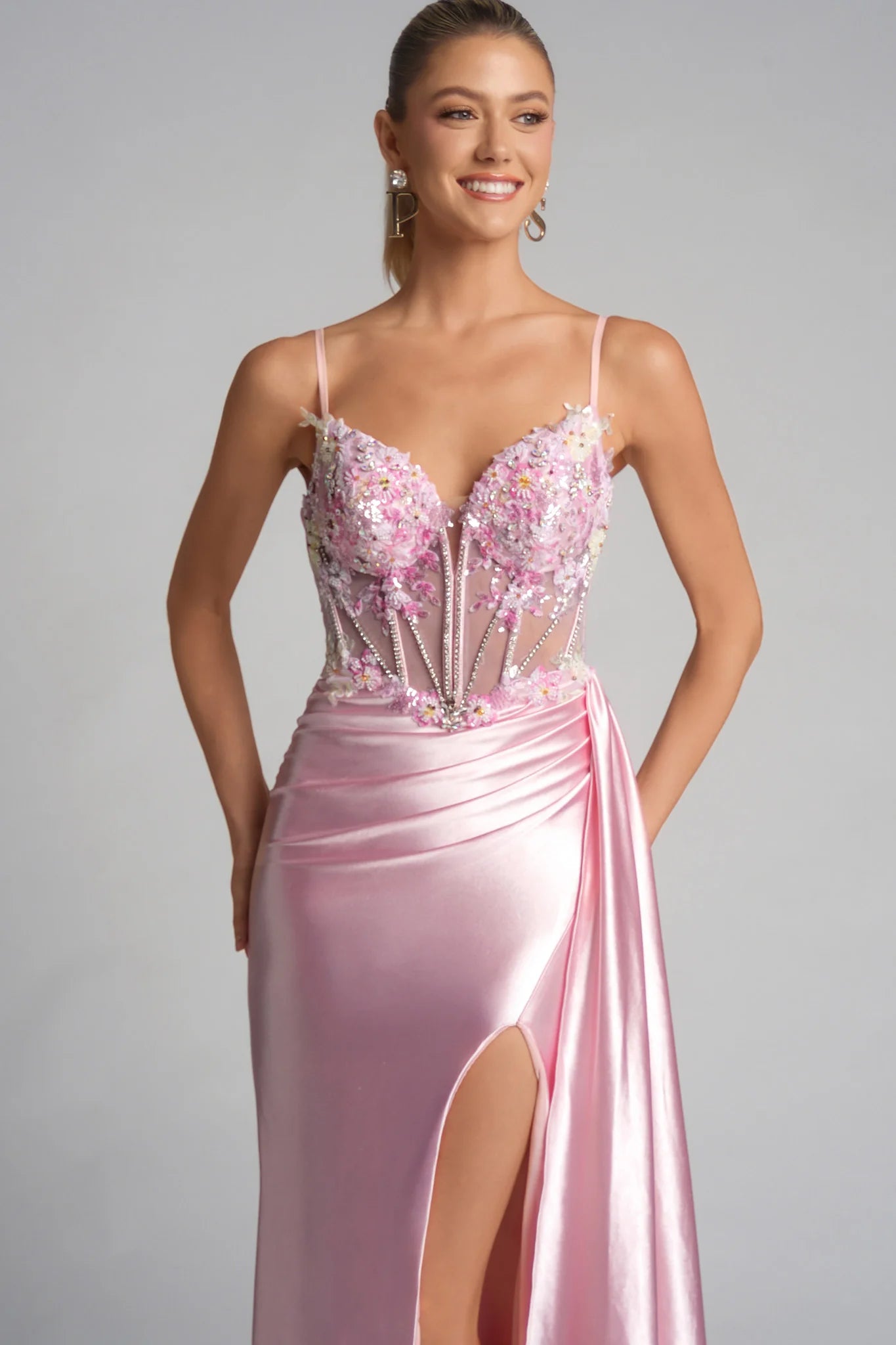 Glamorous Sweetheart Satin Floral Applique Overskirt Gown Formal Corset Prom Dress
