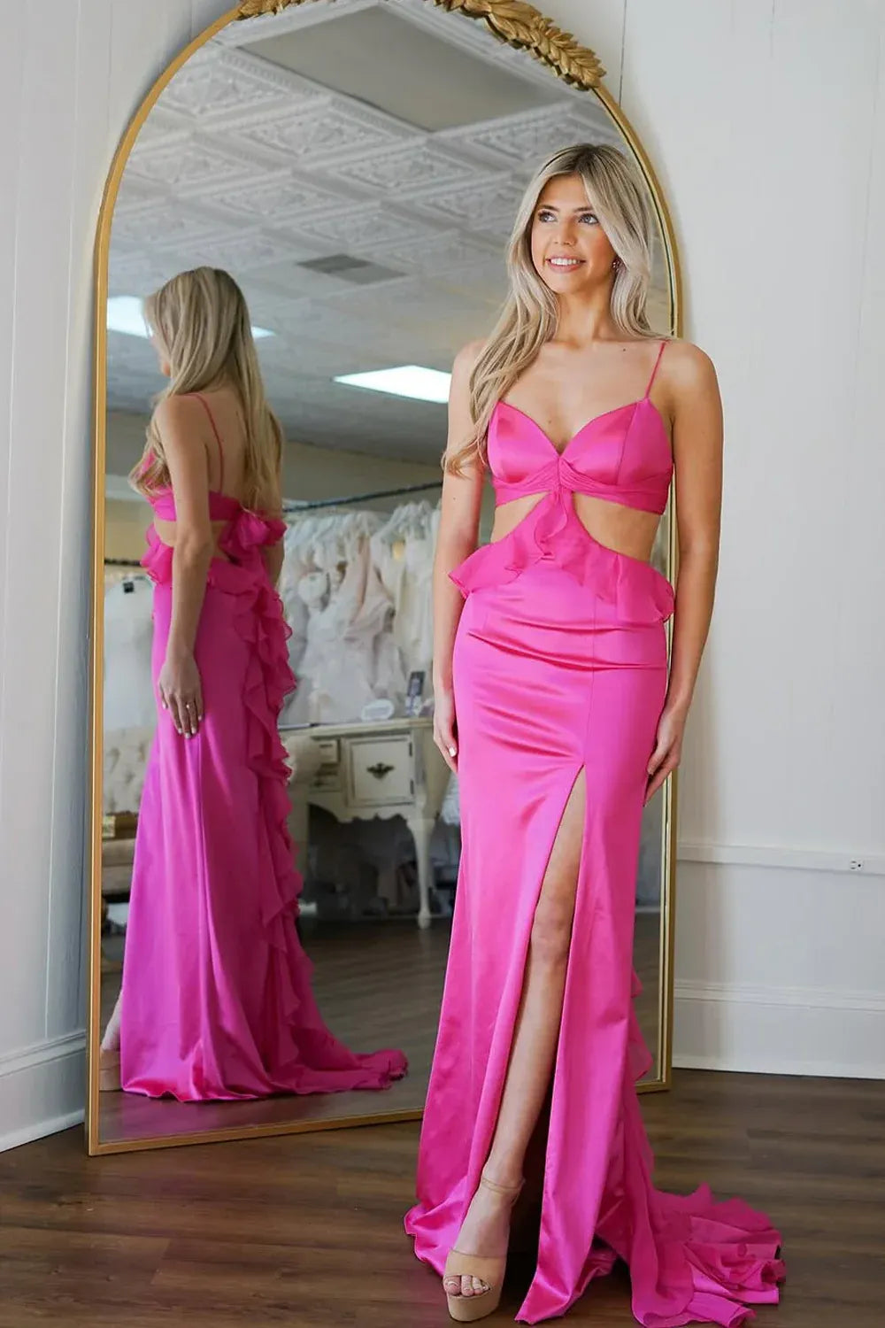 Sweetheart Neck Spaghetti Strap Waist Cutout Bow Back Ruffled Satin High Slit Floor Length Prom Evening Gown