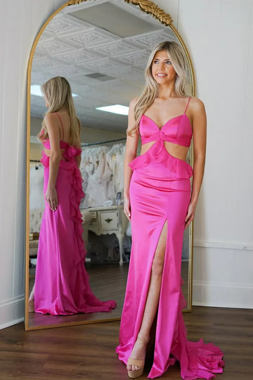 Sweetheart Neck Spaghetti Strap Waist Cutout Bow Back Ruffled Satin High Slit Floor Length Prom Evening Gown