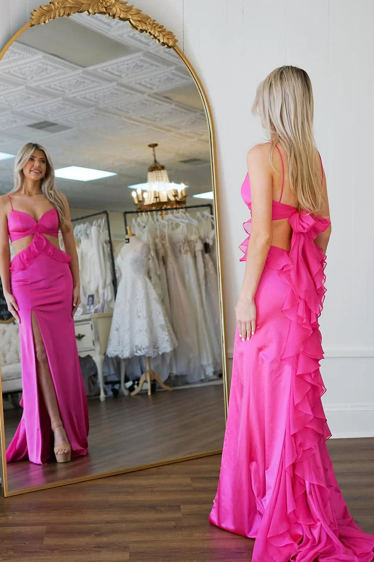 Sweetheart Neck Spaghetti Strap Waist Cutout Bow Back Ruffled Satin High Slit Floor Length Prom Evening Gown