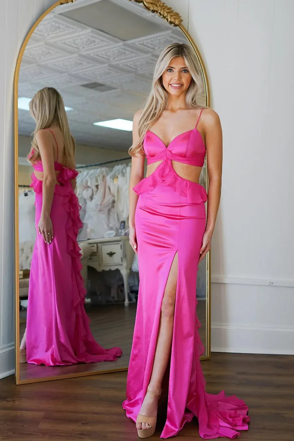 Sweetheart Neck Spaghetti Strap Waist Cutout Bow Back Ruffled Satin High Slit Floor Length Prom Evening Gown