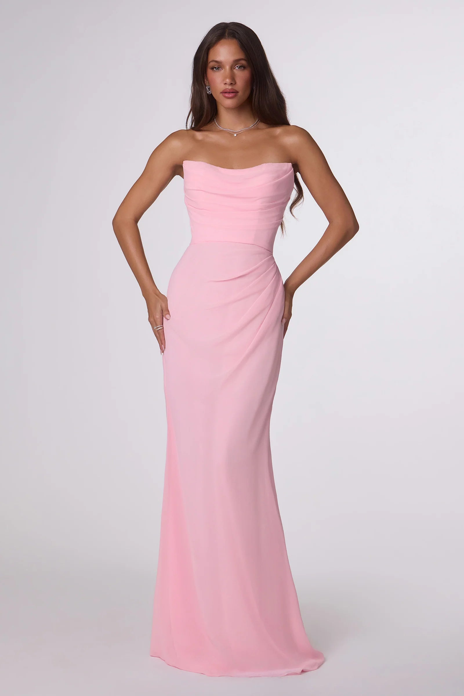 Elegant Mermaid Strapless Cowl-Neck Sleeveless Chiffon Ruched Lace-Up Evening Gown