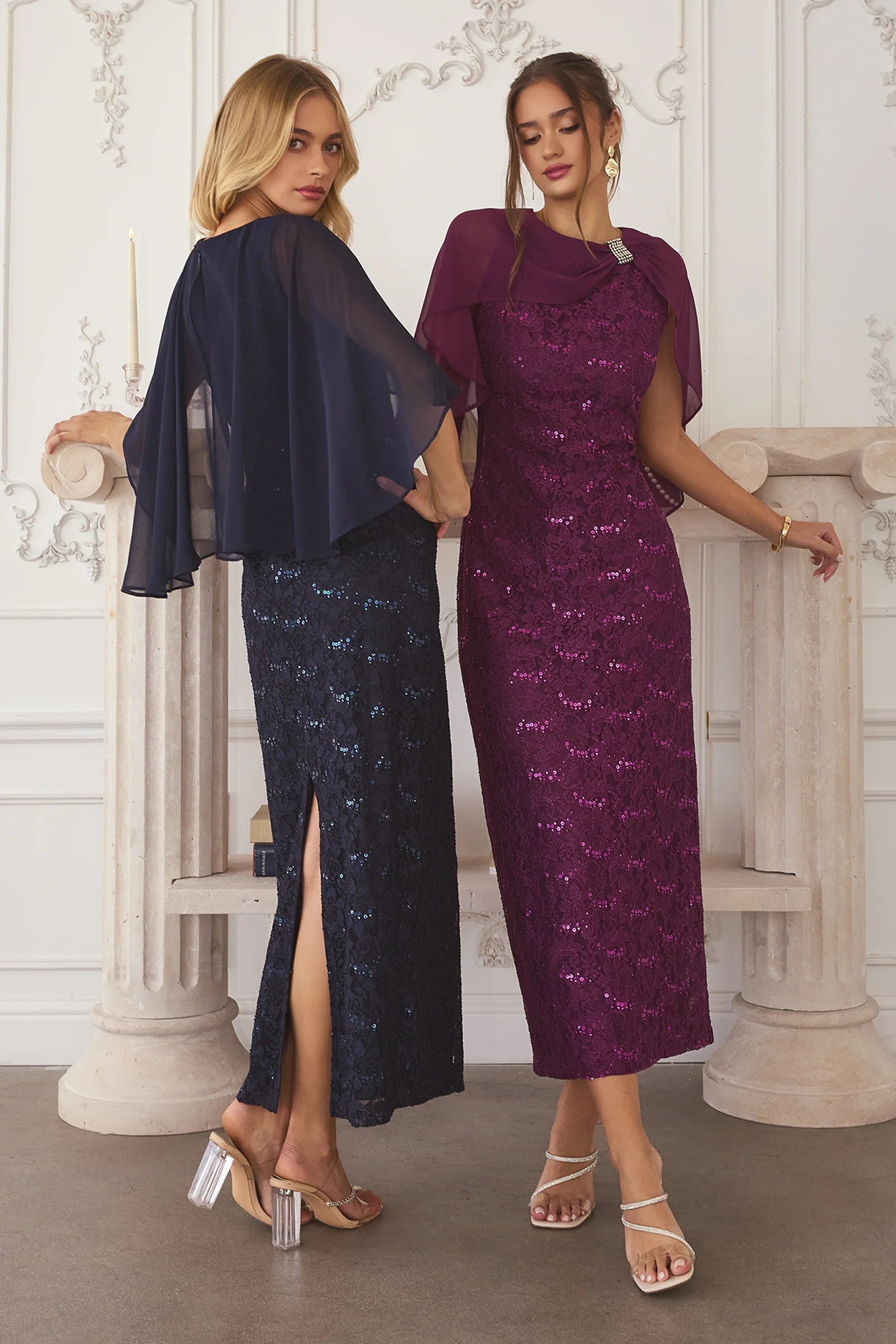 Elegant Fitted Boat Neck Cape Sleeve Sequined Lace Rhinestone Cocktail Dress Midi Evening Dress