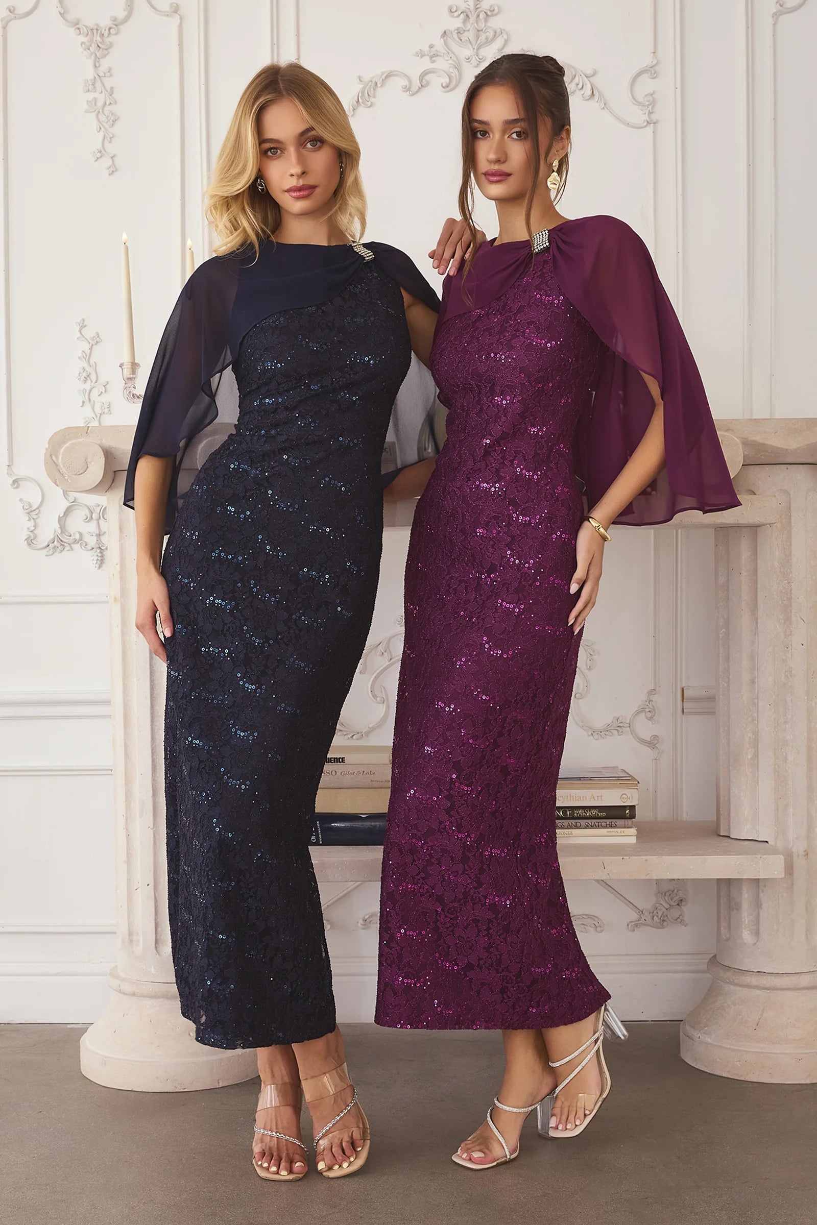 Elegant Fitted Boat Neck Cape Sleeve Sequined Lace Rhinestone Cocktail Dress Midi Evening Dress