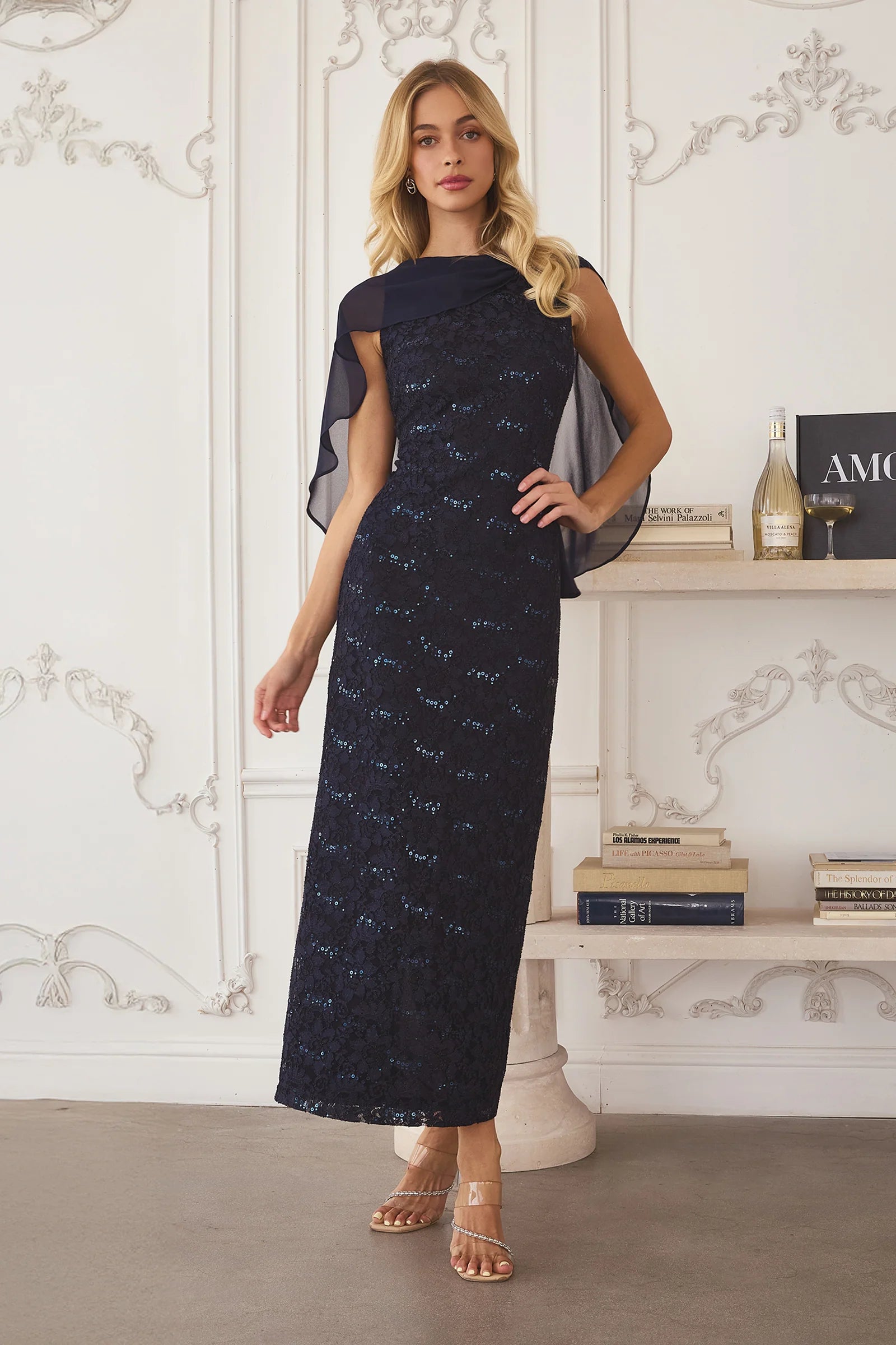 Elegant Fitted Boat Neck Cape Sleeve Sequined Lace Rhinestone Cocktail Dress Midi Evening Dress