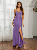 Rhinestone Embellished Spaghetti Strap Formal Gown V-Wire Neck High Slit Bodycon Maxi Dress for Prom and Pageants