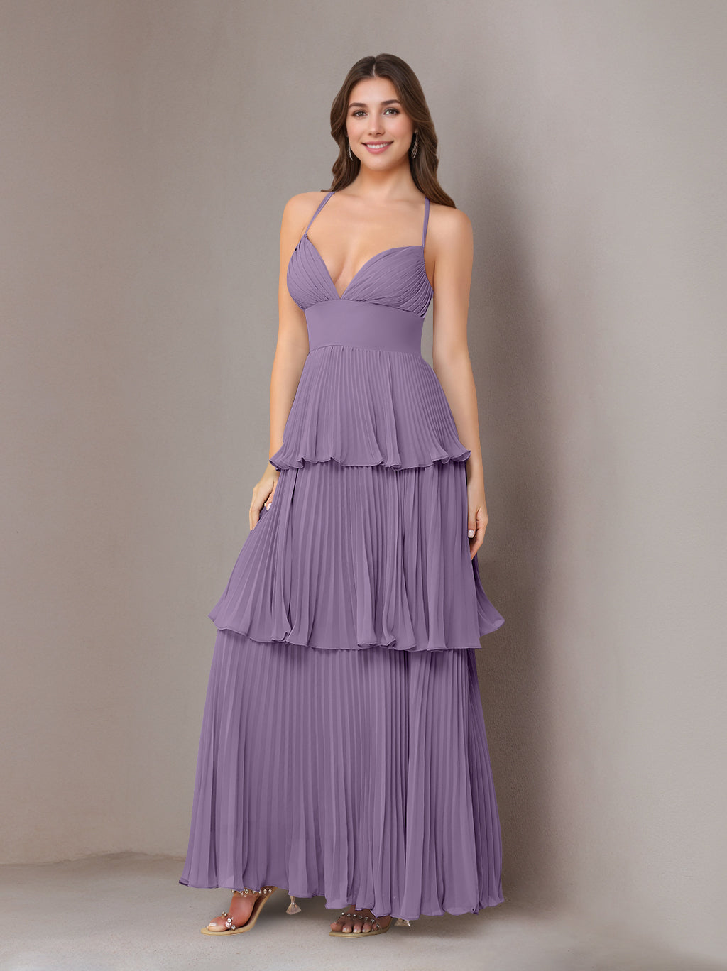 A-Line Maxi Dress Spaghetti Straps Sleeveless Floor-Length Chiffon Wedding Guest Bridesmaid Dresses with Pleated