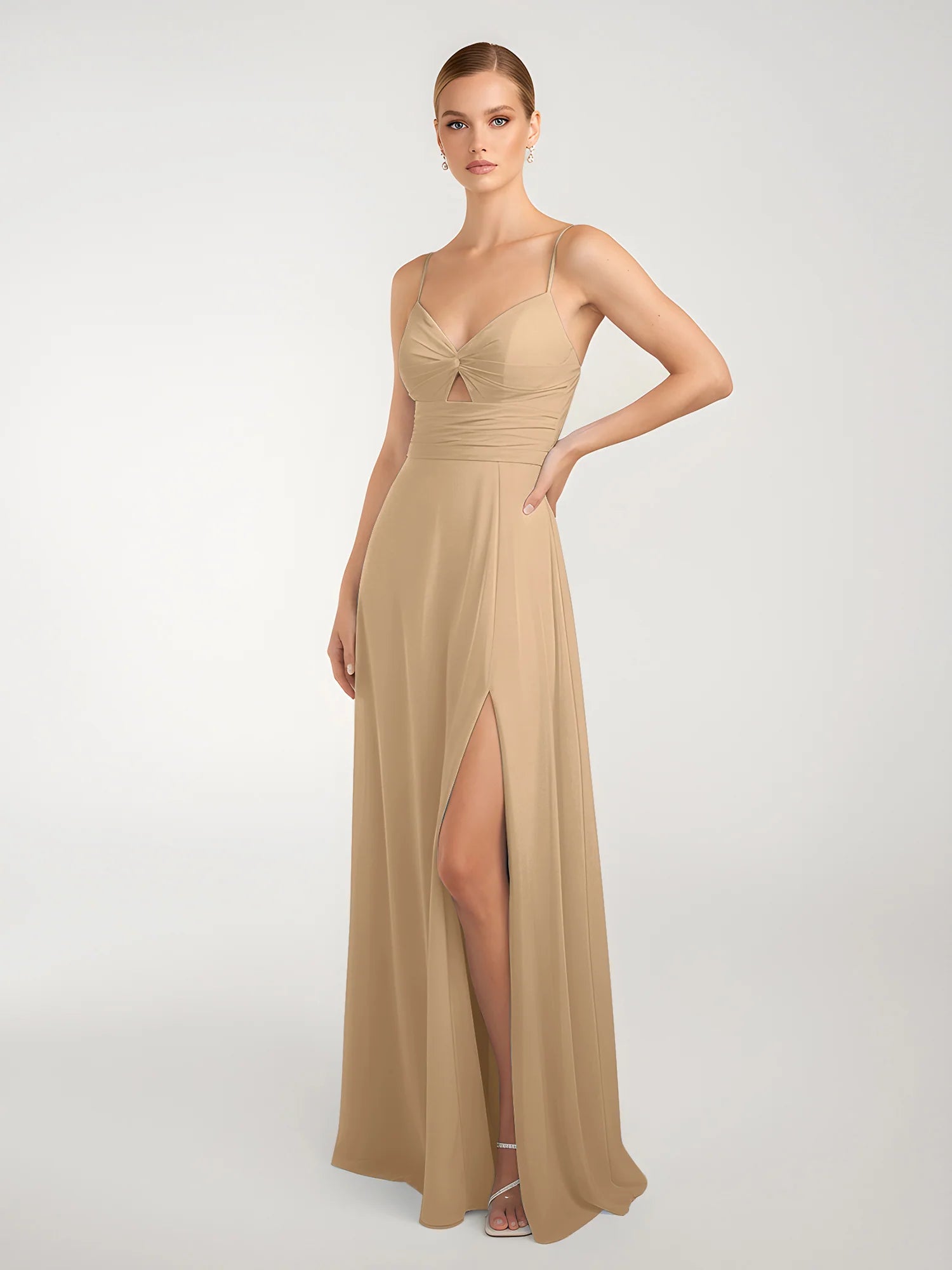 Vestido largo de gasa para damas de honor con escote en V de tirantes finos, nudo delantero, abertura y espalda cruzada