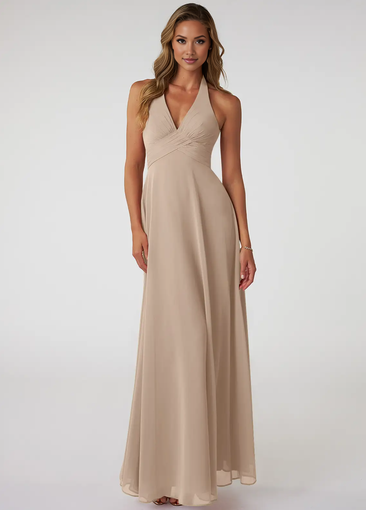 Women's  V-Neck Pleated Chiffon Coctail Bridesmaid Dresses Ruching A-Line Maxi Formal Evening Gown