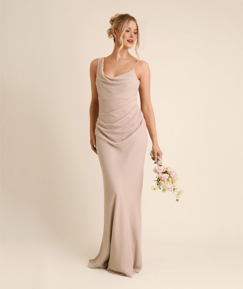 Cowl Asymmetrical Chiffon Bridesmaid Dress Elegant Sleeveless With Draped Neckline Pleated Waist Party Wedding Guest Dresses