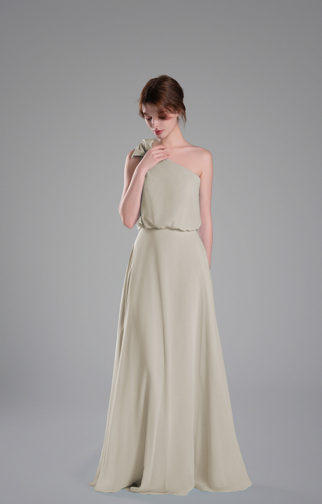 One-Shoulder Chiffon Bridesmaid Dress Flowy Floor-Length Evening Gown Bow Detail Flowing A-Line Dresses