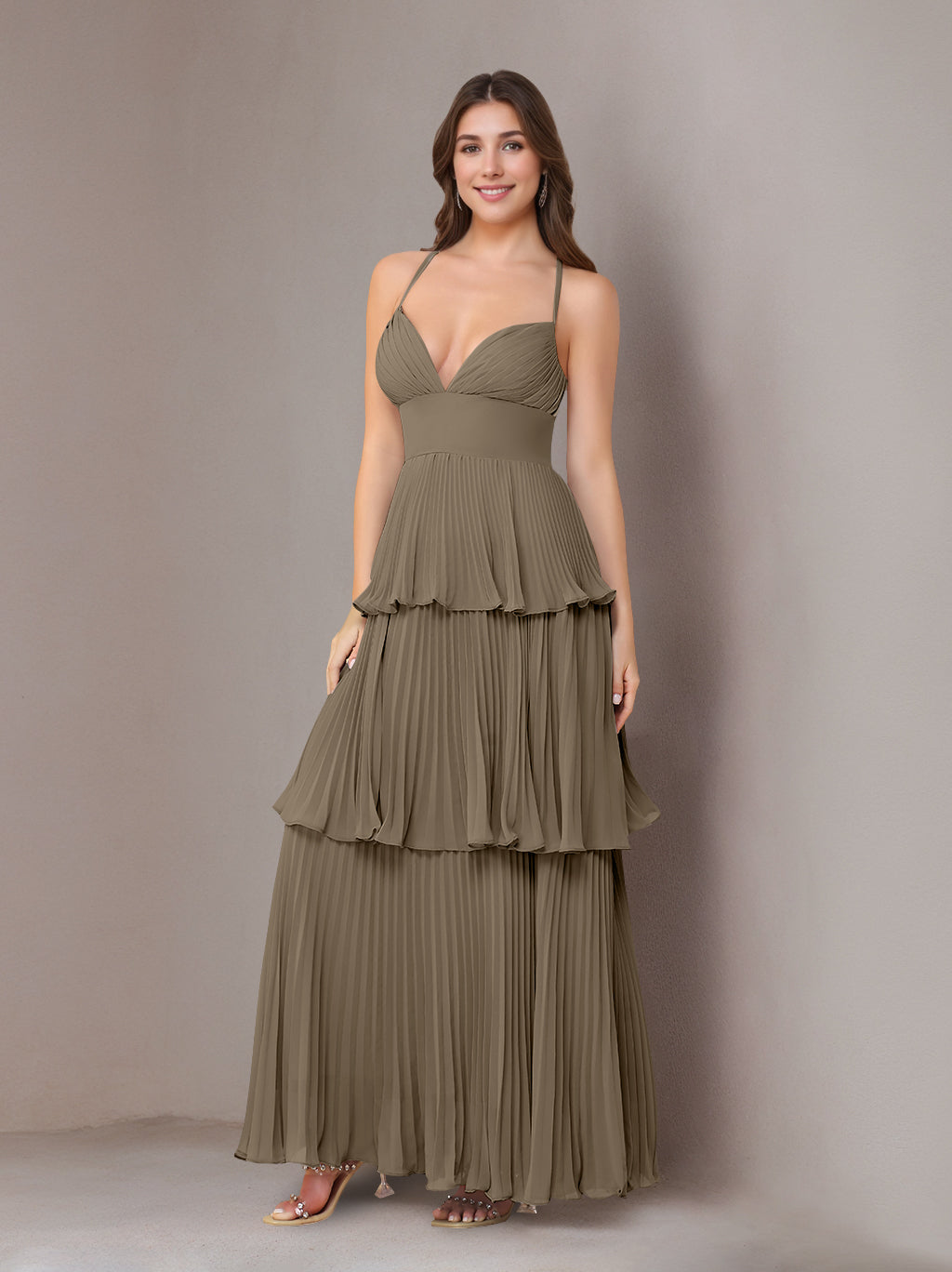 A-Line Maxi Dress Spaghetti Straps Sleeveless Floor-Length Chiffon Wedding Guest Bridesmaid Dresses with Pleated