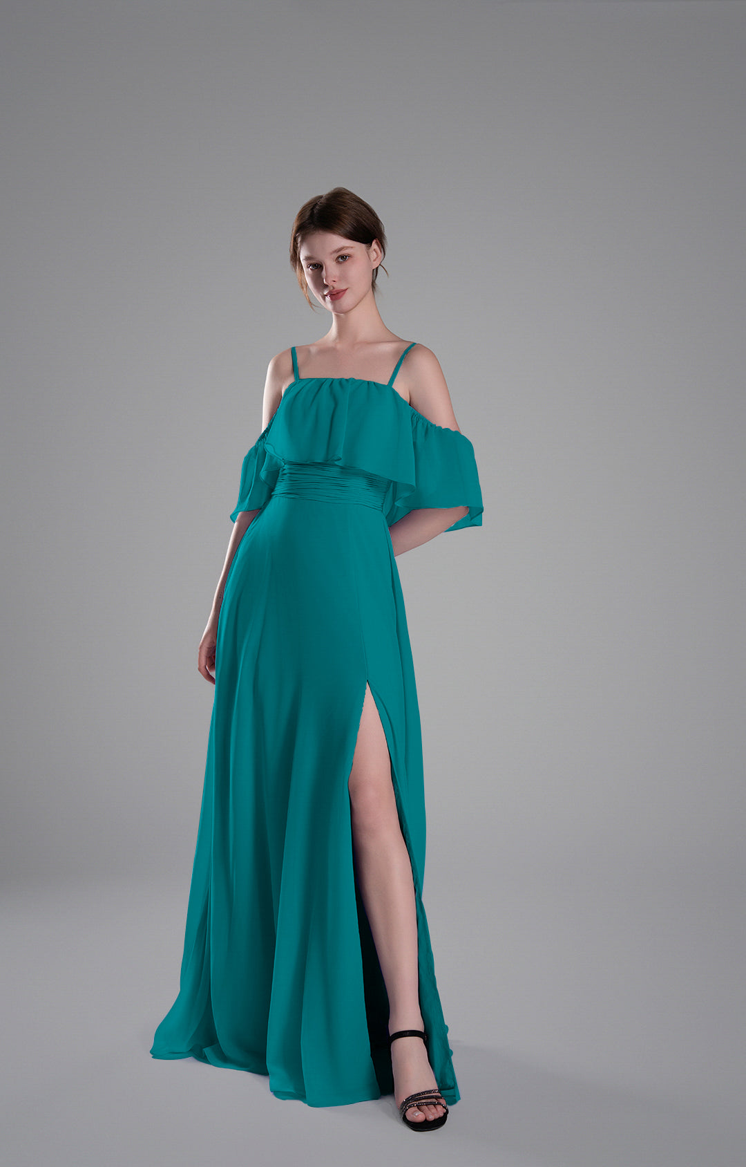 Elegant Off-the-Shoulder Chiffon Bridesmaid Dress with Ruffle Sleeves and Side Slit Floor-Length Evening Gown