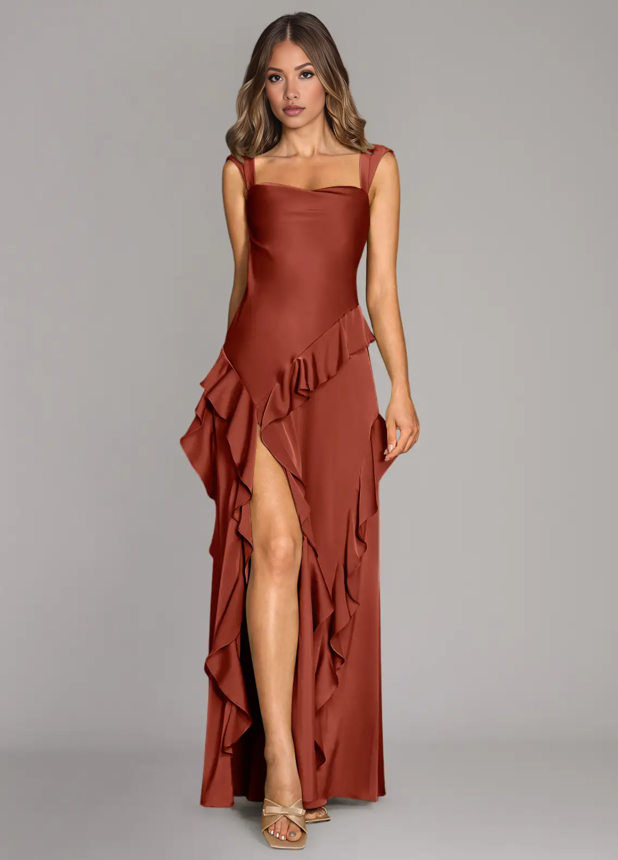Women's Satin Square Neck Maxi Dress with Dramatic Cascading Ruffle Bridesmaid Dresses Maxi Formal Evening Gown