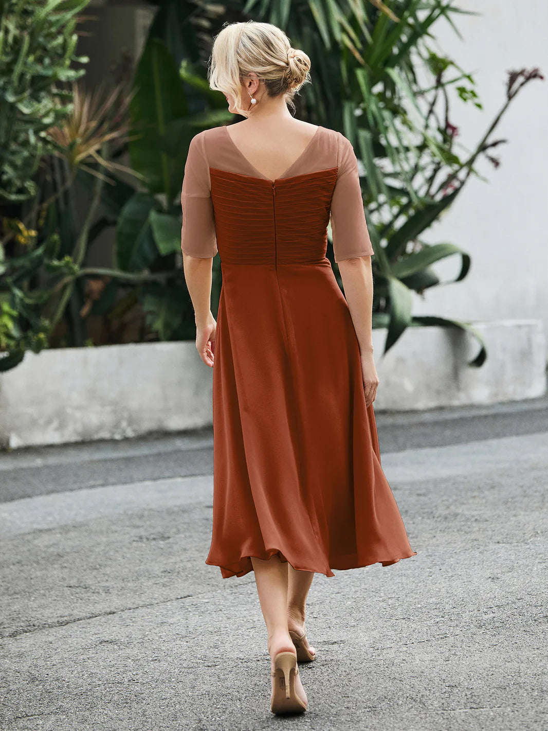 Midi Chiffon Mother of The Bride Dress, Illusion 3/4 Sleeve Ruched Bodice Tea Length Dress