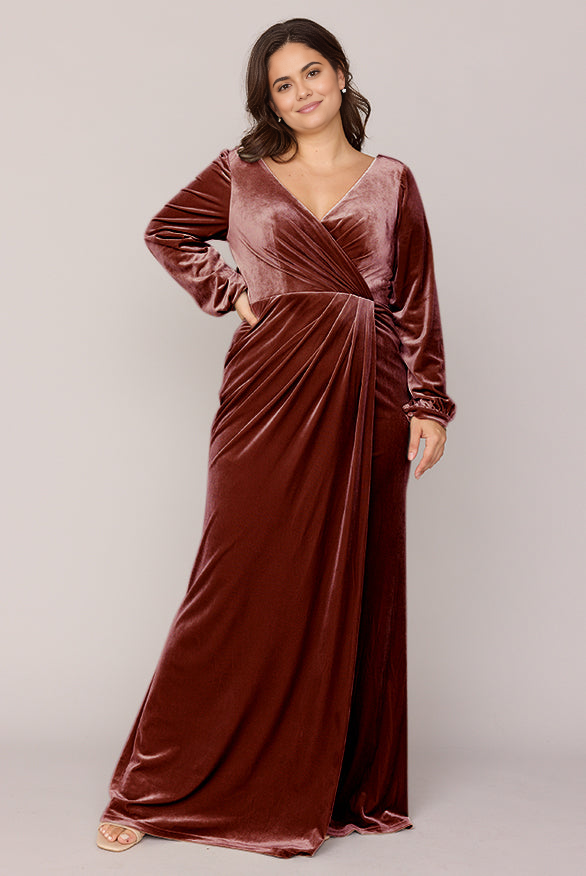 Long Sleeve Fall and Winter Velvet Wrap Bridesmaid Dress V-Neck Party Wedding Guest Dresses With Slit