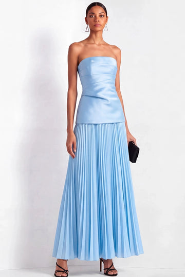 Vedress sky blue satin two piece strapless twist bust pleated column maxi bridesmaid gown front view