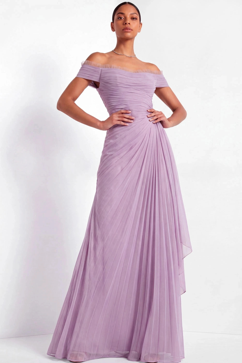 Lilac Pleated Off Shoulder Straight Open Back Maxi Bridesmaid Gown Vedress
