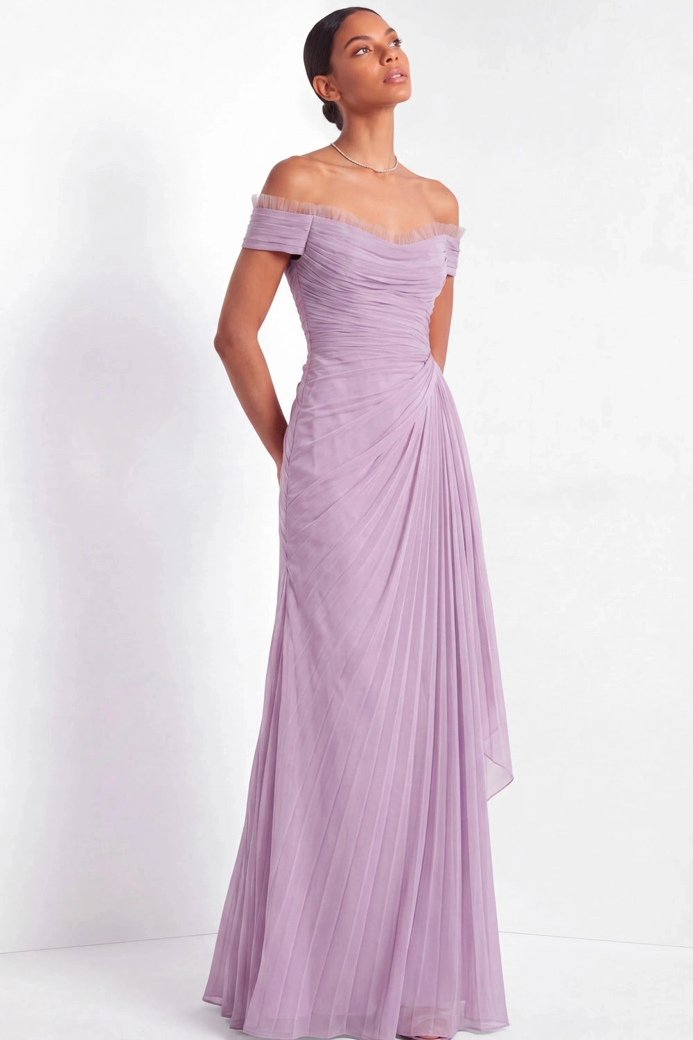 Lilac Pleated Off Shoulder Straight Open Back Maxi Bridesmaid Gown Vedress