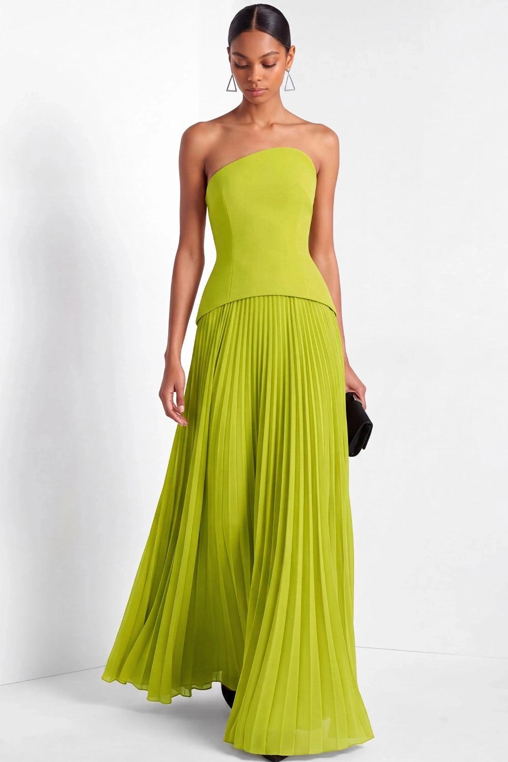 Vedress lime green two piece crepe pleated strapless column maxi bridesmaid gown front view