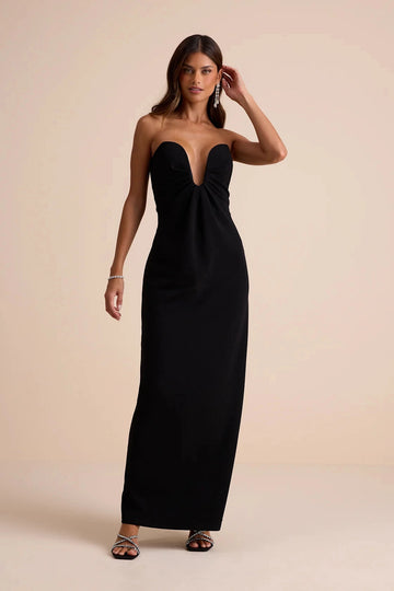 Vedress solid black stretch crepe strapless deep v column maxi homecoming gown front twist bust view