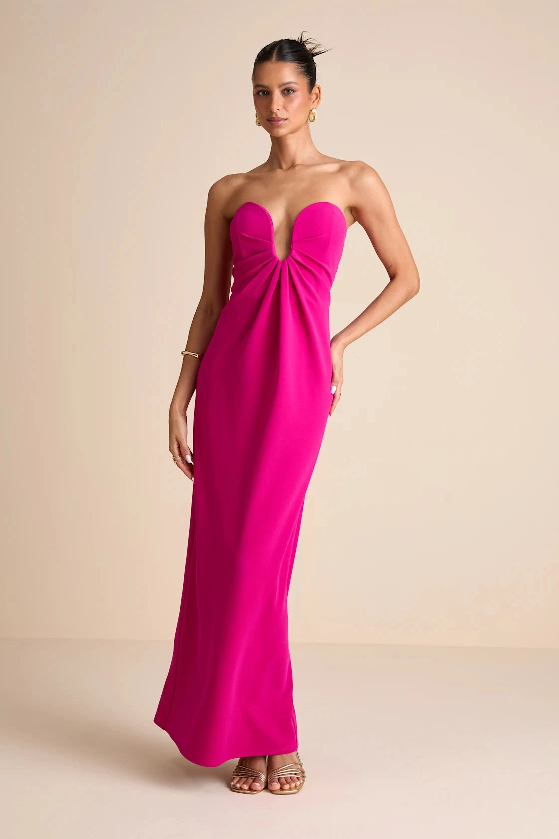 Solid Black Column Strapless Deep V Open Back Maxi Homecoming Gown Vedress