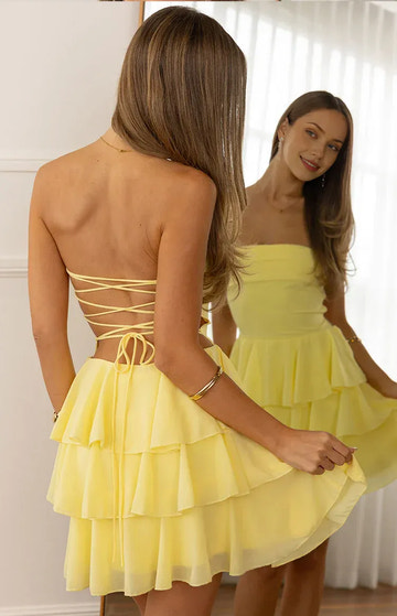 Tiered Chiffon A-Line Strapless Mini Homecoming Dress With Lace-Up Back