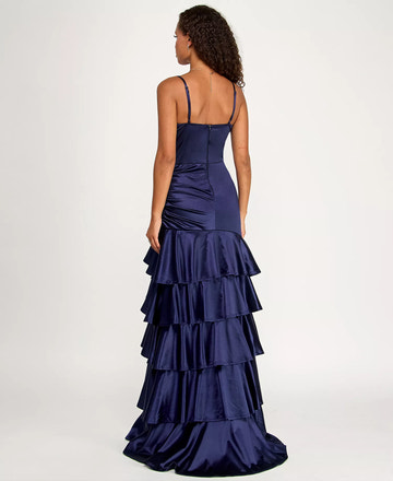 A-line Tiered Ruffle Satin Corset Asymmetrical Evening Gown With Slit