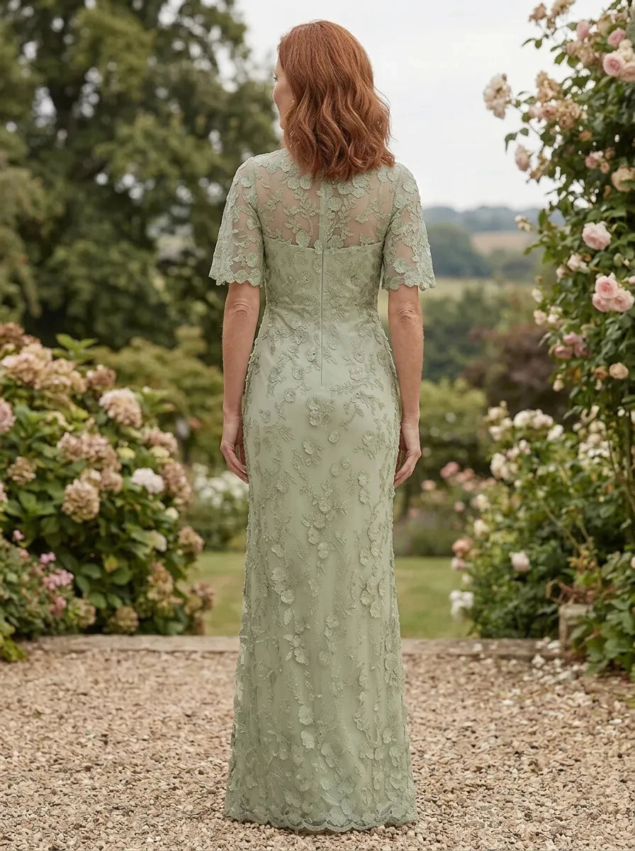 Sheer‑back sage green lace mermaid long mother of the bride formal evening dress
