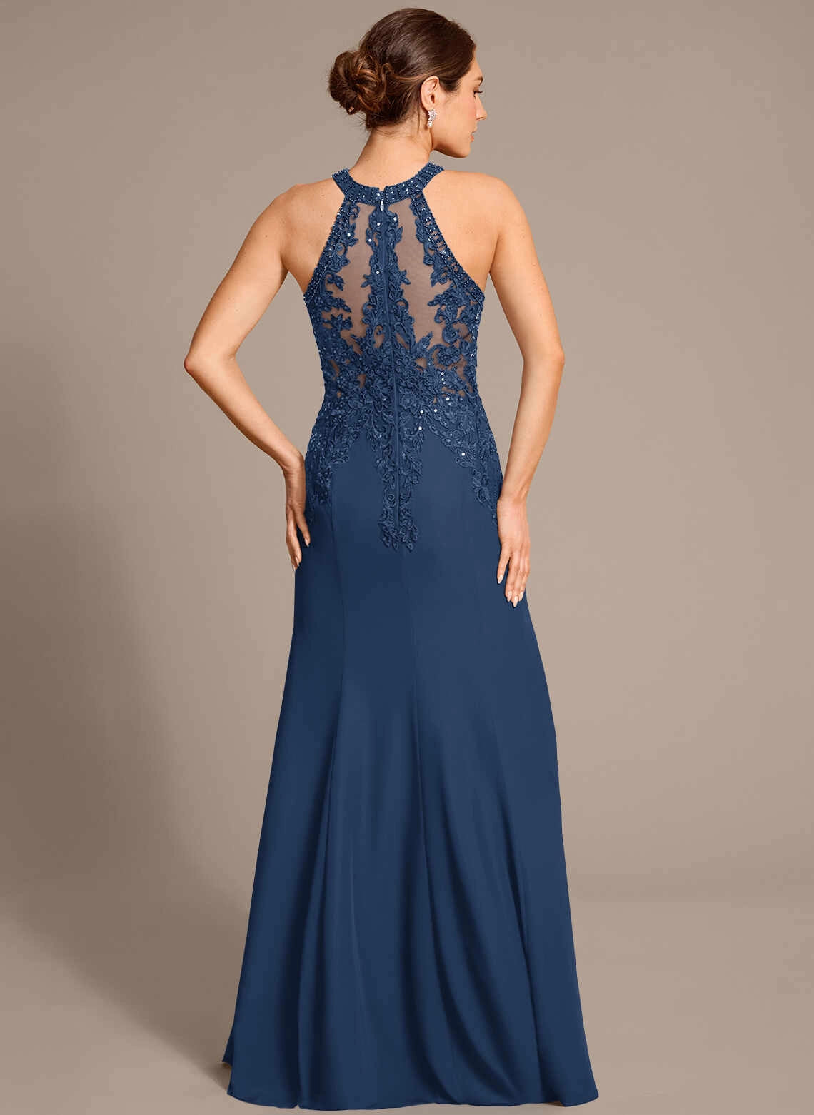 Chic Mermaid Halter Sleeveless Illusion Back Floor‑Length Mother Of The Bride Dress