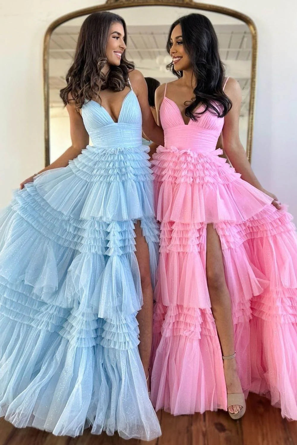 Glamorous Tulle A-Line Spaghetti Straps Glitter Tiered Ruffle Prom Dress