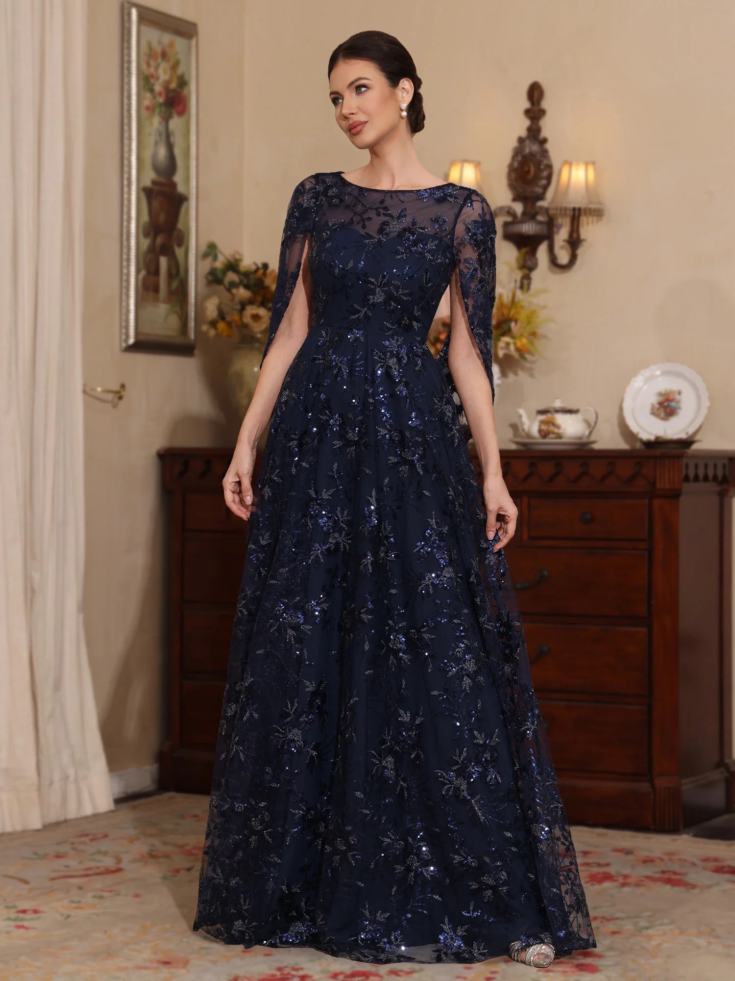 A-Line Illusion Neck Cape Sleeves Tulle Sequin Gown Formal Mother of the Bride Dress