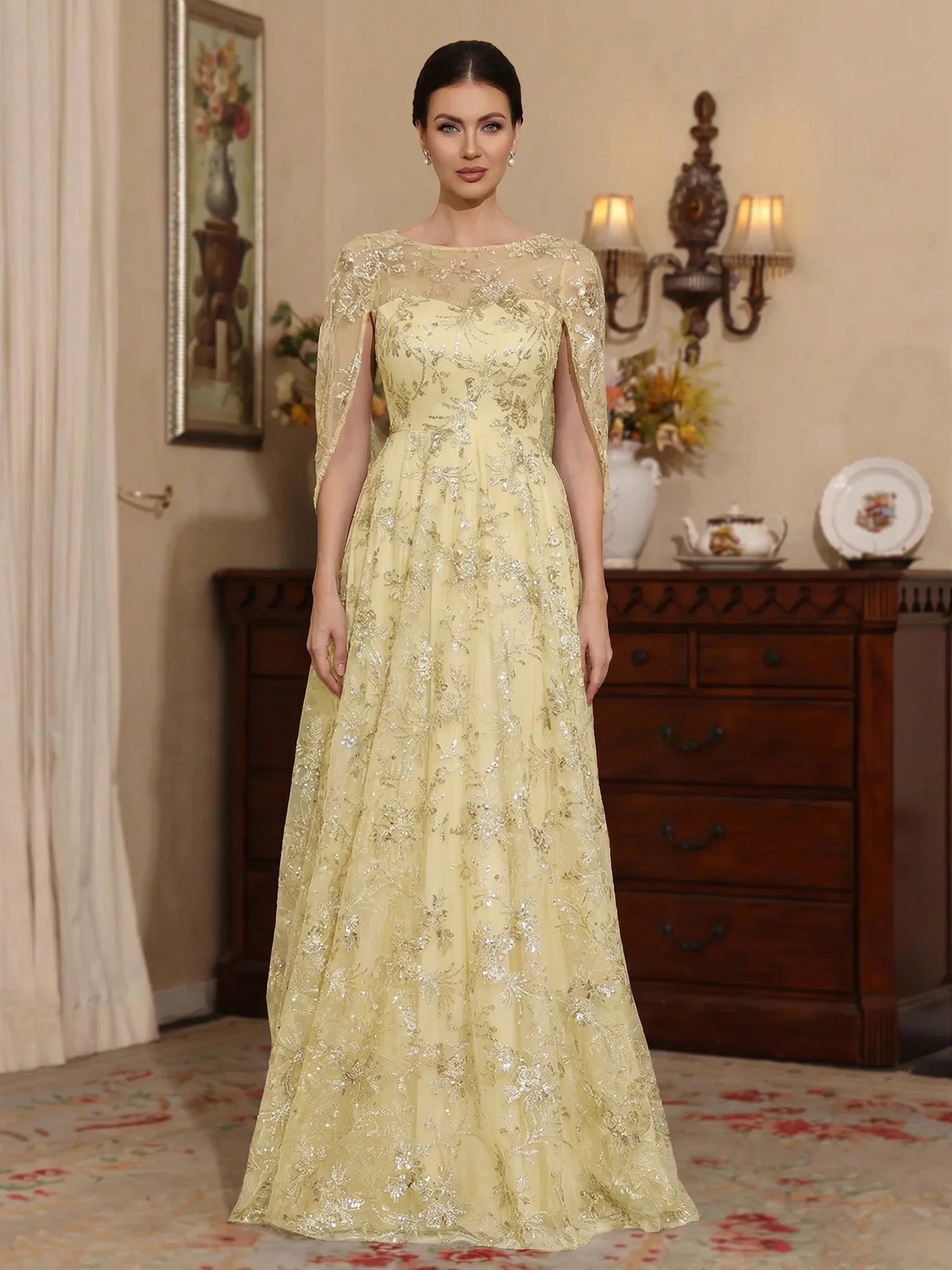 A-Line Illusion Neck Cape Sleeves Tulle Sequin Gown Formal Mother of the Bride Dress