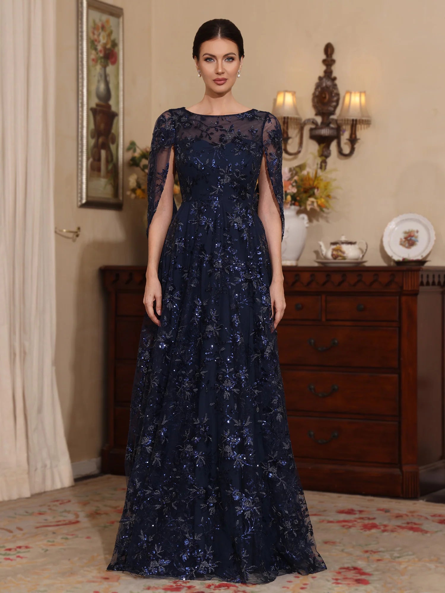 A-Line Illusion Neck Cape Sleeves Tulle Sequin Gown Formal Mother of the Bride Dress